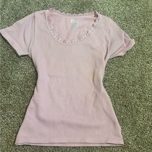Light Dusty Pink Ribbed Lace-Trim Short Sleeve Top